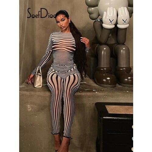 Soefdioo Sexy Two Piece Sets Women Sheer Mesh Stripe Printed Long Sleeve T-Shirt Pencil Pants Matching Fall 2021 Party Clubwear