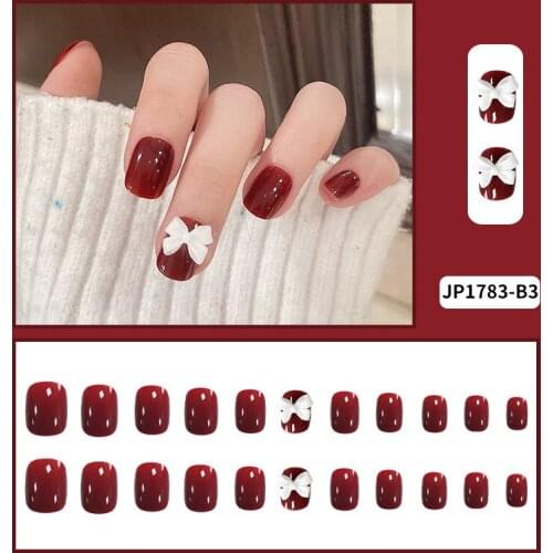 24pcs Burgundy Diamonds Wear Short Paragraph Fashion Manicure Patch False Nails Save Time Wearable Nail Patch SANA889