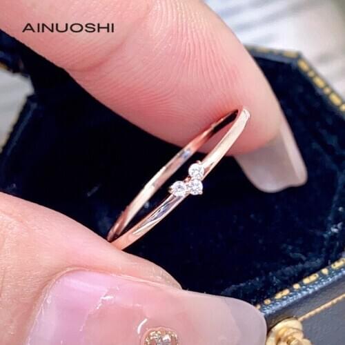 AINUOSHI 18K Gold 0.03 Carat Round Excellent Cut Real Diamond Engagement for Women Fashion Three Stone Wedding Ring Jewelry