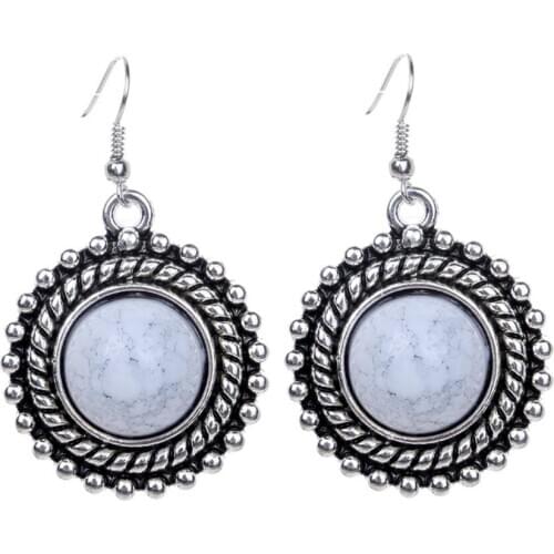 Antique Silver Plated White Howlite Stone Round Drop Earrings for Women Jewelry