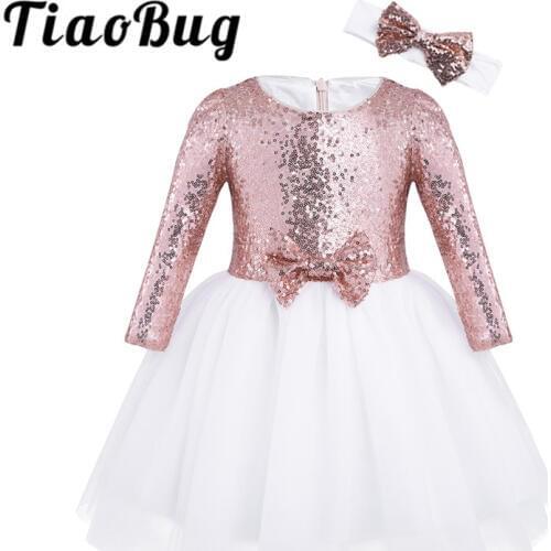 TiaoBug Kids Girls Long Sleeves Flower Girl Dresses Mesh Sequined Princess Pageant Birthday Wedding Party Dresses with Headband