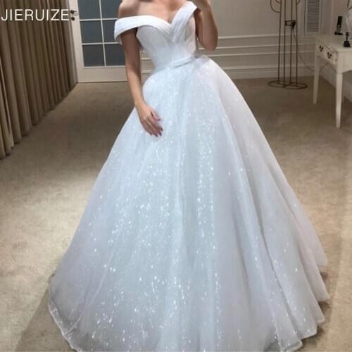 JIERUIZE Shiny Fabrics Luxury Wedding Dresses Off the shoulder Lace Up Back Bridal wedding Gowns vestido de noiva