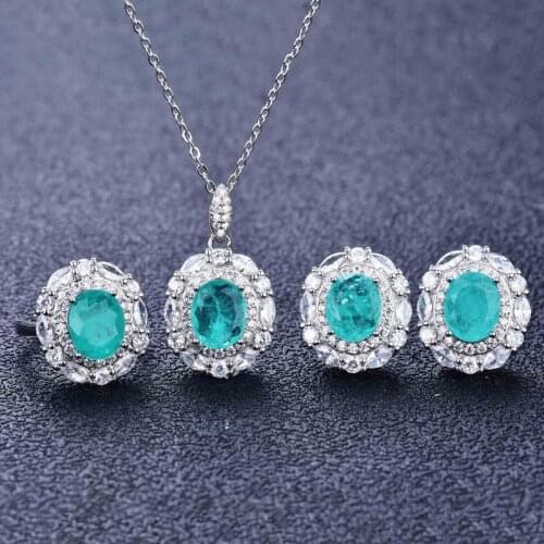 Luxury Paraiba Stone Jewelry Sets Elegant Unusual Earrings Oval Pendant Necklace Womens Wedding Engagement Eternity Ring