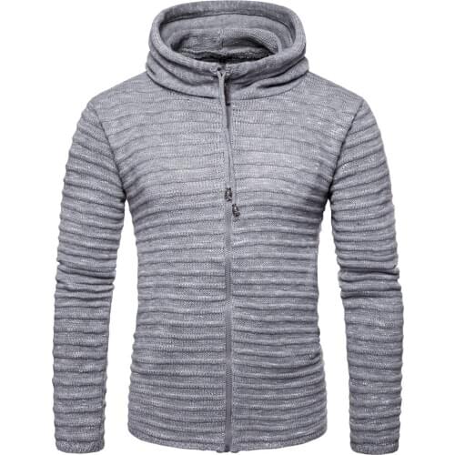 Mens Hooded Sweater Long Sleeve Solid Color Striped Zipper Cardigan Sweater With Drawstring Casual Slim Sweater Coat