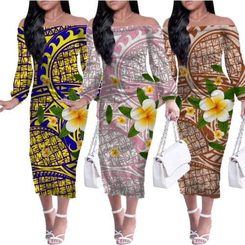HYCOOL Spring And Summer New Off-the-shoulder Sexy Ladies Dress Fashion Womens Polynesian Hawaii Flower Print Long Dress Casual