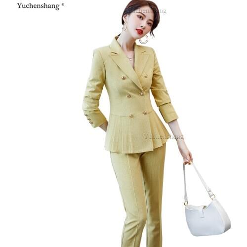 OL Office Wear 2 Piece Set Yellow Gray Pink Pant Suit Women Elegant Ruffle Jacket And Pant Ladies Double Breasted 5XL Blazer Set