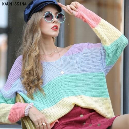 Autumn Winter Striped Women Sweater Oversize Knitwear Pullovers Sweaters Female V-Neck Knitted Sweater Jumper Rainbow Color