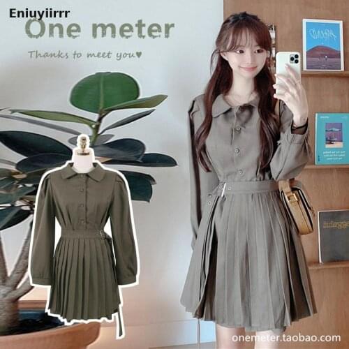 Autumn Fall Outfits Fashion Women Office Lady Solid Pleated Two Piece Cute Shirt Dress