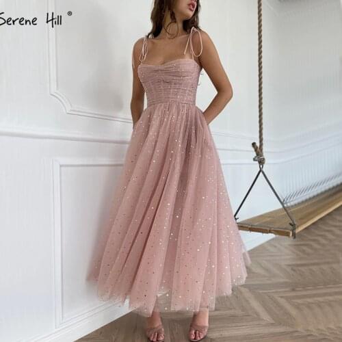 Serene Hill Pink Bling A-line Evening Dresses Sleeveless Sexy Ankle Length Formal Dress Design 2021 LA70695