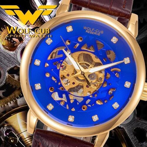 WOLF-CUB Fashion Leather Mens mechanical Luminous stainless steel Sport Watch Waterproof Wristwatch Original design dial