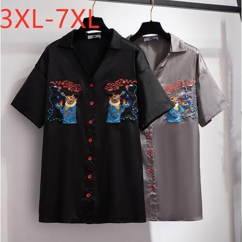 New 2021 summer plus size tops for women large blouse loose casual short sleeve embroidery shirt black gray 3XL 4XL 5XL 6XL 7XL