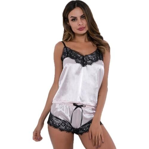 Womens Pajamas Set Summer Sexy Satin Lace Mesh V-Neck Sleepwear Pijama Sleeveless Home Suit Top and Shorts 2 Pieces Nightwear
