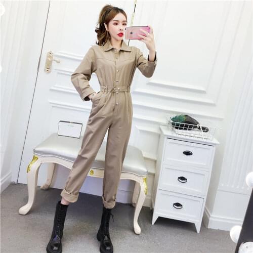 Women 2021 Spring Autumn New Fashion Long Sleeve Lapel Casual Jumpsuits Female High Waist Romper Solid Office Lady Overalls F248
