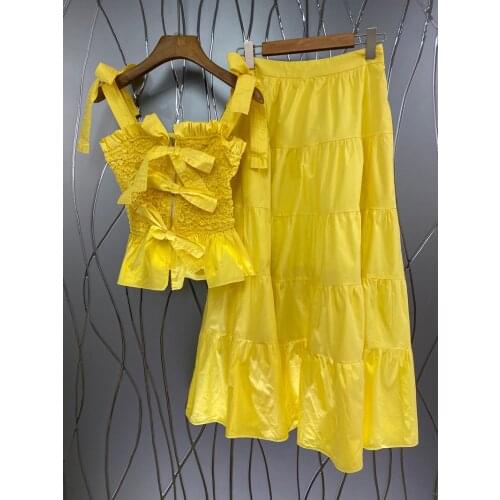 Two Piece Set 2021 Summer Fashion Clothing Sets High Quality Ladies Elegant Bow Strap Tops+Casual Long Maxi Skirt Set Pink Brown