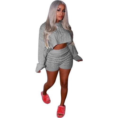 2021 Women Two Piece Pants Set Loose Kint Ribbed Sweater + Short Pants Tracksuit Sportwear Clothes For Women Outfit
