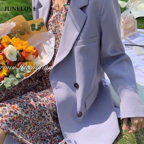 JuneLove Korean Fashion Chic Casual Jacket Women Blazer Female Purple Pockets Coat Vintage Notched Office Lady Outwears