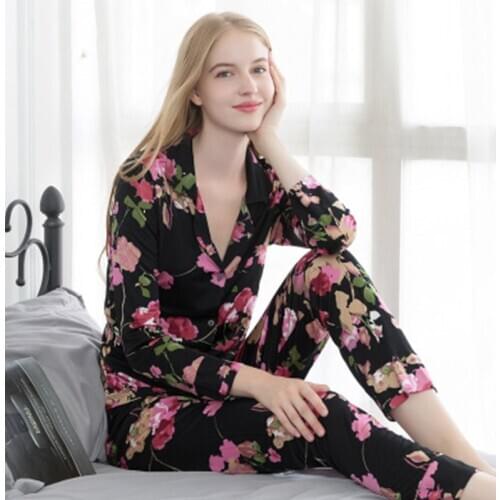 100 Pure Silk Pajamas Set Women NightGown Printed Floral Spring Autumn Loose Large Size Long Sleeve Two-piece Trousers Black