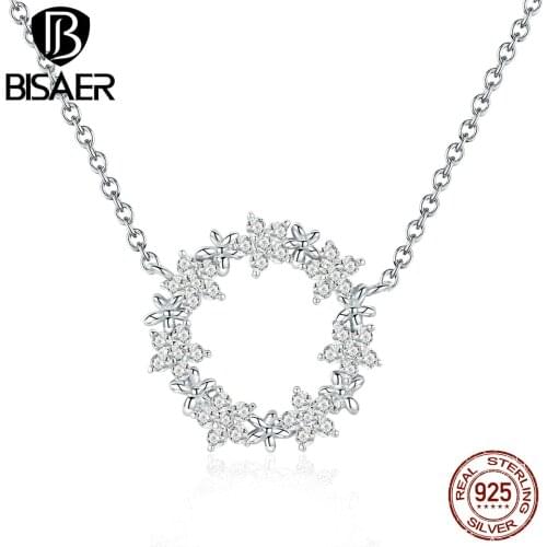 BISAER Elegant 925 Sterling Silver Luminous Star Clear Cubic Zircon Round Star Circle Necklaces Pendant Women Jewelry EFN028