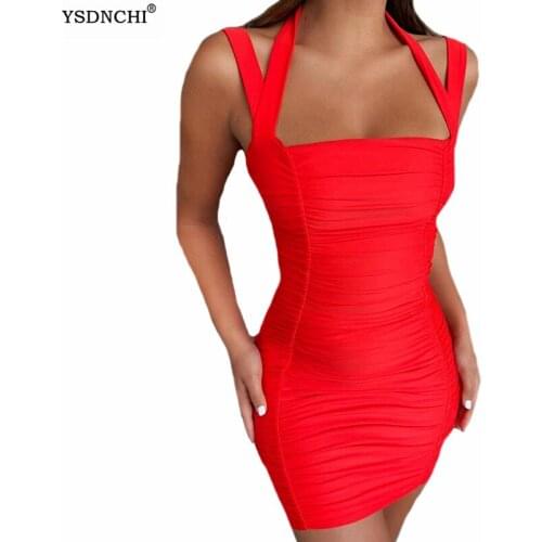 YSDNCHI Ruched Women Mini Sexy Dress Bodycon Sleeveless Short Elegant Party Backless Halter Streetwear 2021 Summer Clothes Club