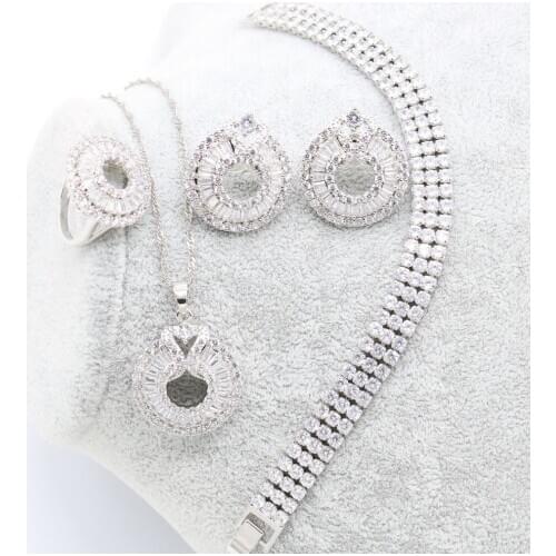 White Cubic Zirconia Silver Bridal Jewelry Sets Women Wedding Costume Necklace Sets Ring Earrings Pendant Bracelet Jewelry
