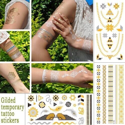 Bronzing temporary tattoo stickers Metal Bronze Tattoo Multi Patterns Metal Foil Warm Silver women Wrist Waterproof flash Tattoo