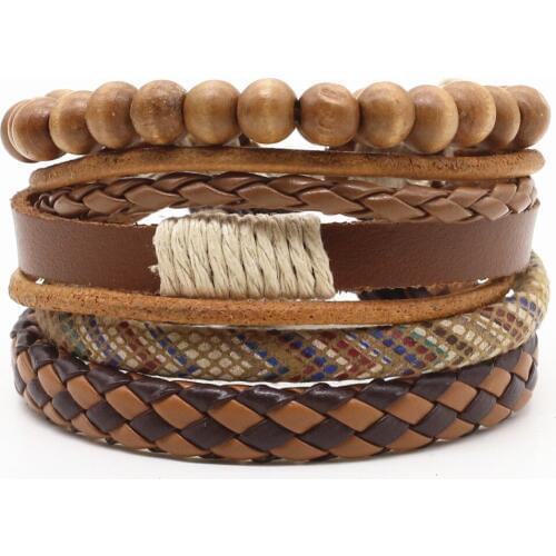 3-4pcs/set New Fashion Weave Punk Vintage Cuff Beads Anchor Charm Male Men Leather Bracelets Women Female Jewelry Accessories