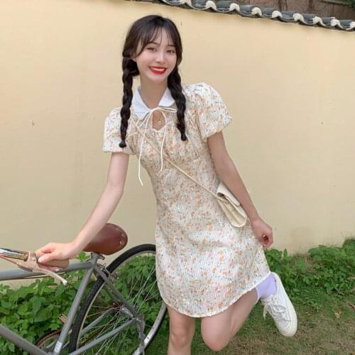Floral Print Summer Women Boho Lace Up Party Vaction Beach Dating Sweet Bodycon Mini Puff Sleeve Chic Cheongsam Lovely Dress