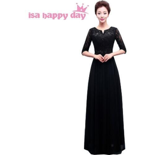 Long lace v neck black a line bridesmaid dresses formal elegant beading dress china women floor length with sleeve in red H3759