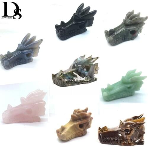 DS 1.5 inches Natural Quartz Crystal Dragon Skull Hand Carved Rose Quartz Skull Reiki Healing Crystal Figurine Home Decoration