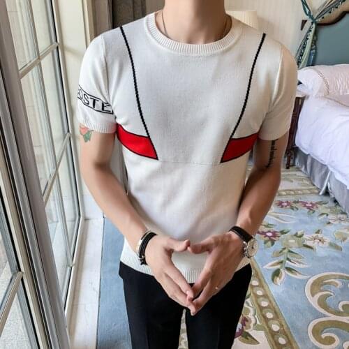 Tee Tops Knitting TShirt Garment Short Sleeve Men Vetement Homme Poleras Hombre Streetwear Line Printing T Shirt