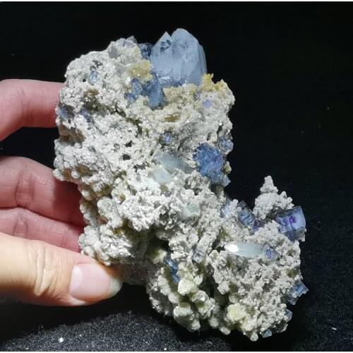 255.2gNatural Yao Gang immortal purple blue fluorite and mica crystal symbiotic mineral vein healing stone home decoration