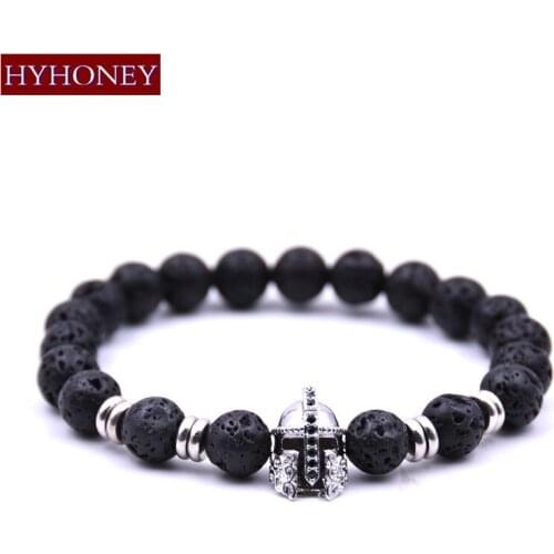 HYHONEY Black Lava Natural Stone Beads Charm Bracelets Micro Pave Zirconia CZ Helmet Bracelets & Bangles Jewelry Gifts