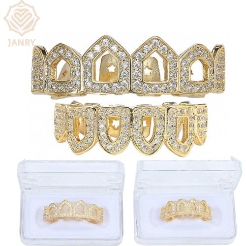JANRY New Fit Pure GOLD Color Plated Hip Hop Micro Pave CZ Fang Hollow Top & Bottom GRILLZ Vampire Teeth Grills Set For Men