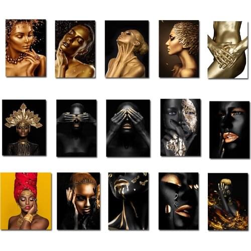 African Art Sexy Black and Gold Woman Oil Painting Poster and Nordic Living Room Mural Modern Wall Art Pictures Canvas Cuadros