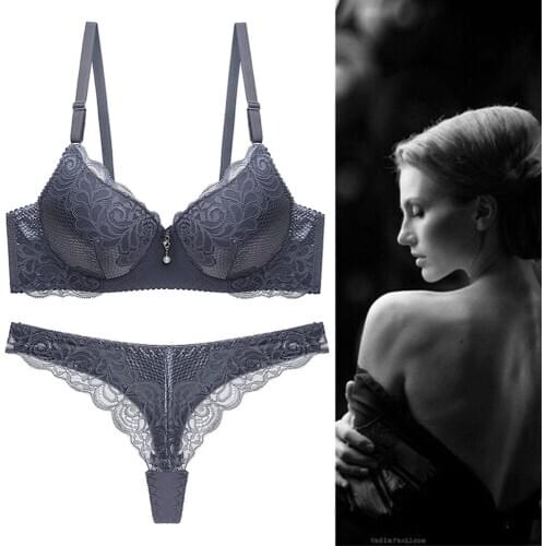 Womens Thong Sexy Underwear Set Black Bra Women Lingerie Set Lace Embroidery Deep V Gather Push up Bra And Panties Sets