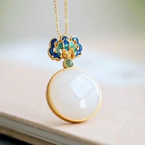 S925 Silver Inlaid Natural Hetian Jade White Jade round Plate Pendant Retro Simple Jade round Necklace Pendant for Women
