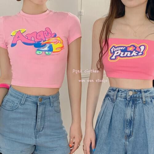 Summer Pink woman T-shirt Letter prin Tube top Slim Fashion Beach Harajuku Tees shirt clothes vintage tshirt Punk Korean pop