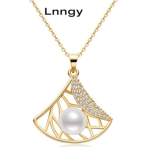Lnngy Real 14K Gold Filled Chain Necklace 8.5-9mm Natural Freshwater Pearl Skirt Necklace Women Engagement Pendant Pearl Jewelry