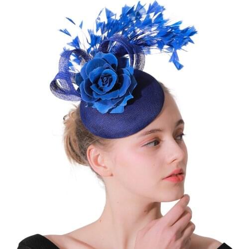 Fashion Royal Blue Sinamay Fascinator Wedding Hats Floral With Feathers Headdress Hair Clip Occasion Church Event Hair Accessory