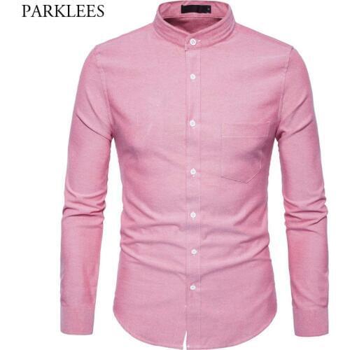 Mens Mandarin Collar Oxford Dress Shirt 2018 Autumn New Slim Fit Long Sleeve Shirt Men Business Casual Brand Shirt with Pockets