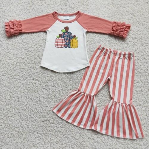 Thanksgiving Day Outfits for Baby Girls Designer Pumpkin Ruffles Sleeve and Pink Stripe Bell Bottoms Sets Boutique Kid Outfits