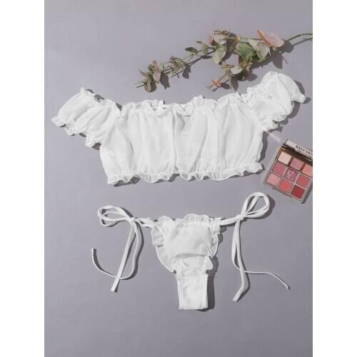 New Womens Sexy Ruffles Mesh Tops Brief Sets Lace Lingerie Set Hot Erotic High Stretch G-string Underwear Erotic Sex Costume