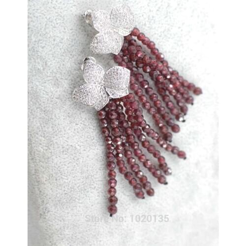 One pair red garnet round 3mm faceted and zircon flower hook drop earrings FPPJ wholesale beads 3-5mm unique style