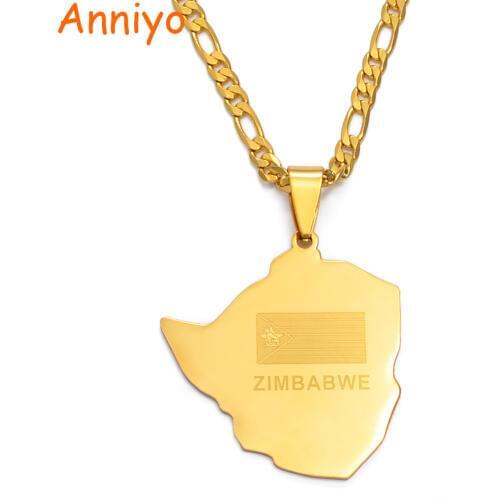 Anniyo Map of Zimbabwe Pendant Necklaces Jewellery for Women Men Gold Color Zimbabweans Maps Necklace African #043721