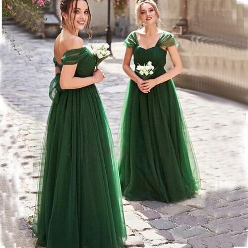 YiMinpwp Emerald Green Bridesmaid Dresses Off Shoulder Sweep Train Pleats Tulle Garden Beach Wedding Guest Gowns платья невесты