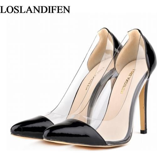 Customize Red Bottom High Heels Women Pumps Sexy Pointed Toe Transparent Stitching Patent Leather Lady Party OL Shoes NLK-A0047