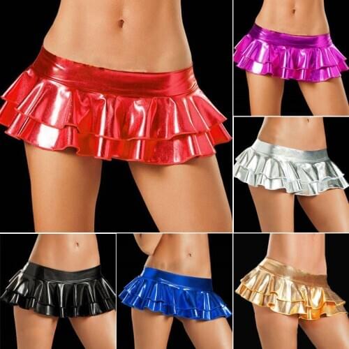 Porno Sexy Mini Skirts Woman Wet Look Metallic Shiny Bodycon Faux Leather Micro Party Clubwear Short Skirt Exotic Apparel