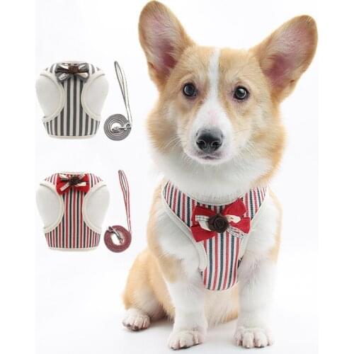 Dog Harness Bowknot Breathable Striped Dog Leash For Pet Chest Darness Adjustable Small Cat Dog Outdoor Walking Dog Supplies