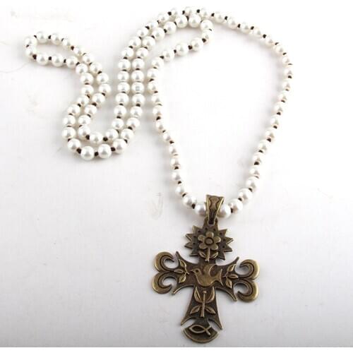 MD Fashion Beaded Necklace Glass Pearl Bead Long Knotted Metal Flower Bird Cross Pendant Necklaces For Women Jewelry