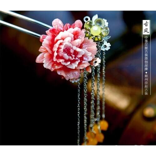 Silver Tassel Hair Stick Red Resin Peony Flower Pure Handmade Hanfu Costume Accessory